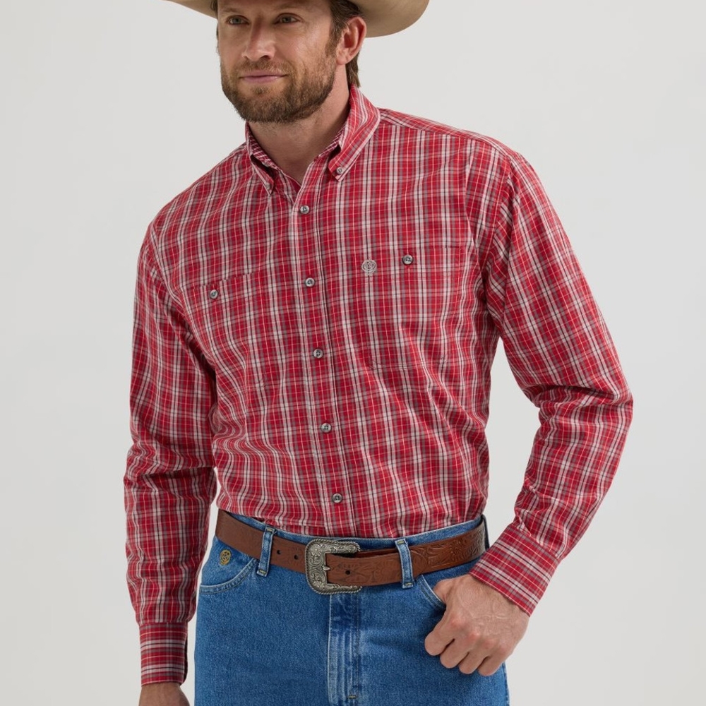 Wrangler George Strait Red and White Plaid Button Down Shirt Western Rodeo Men S